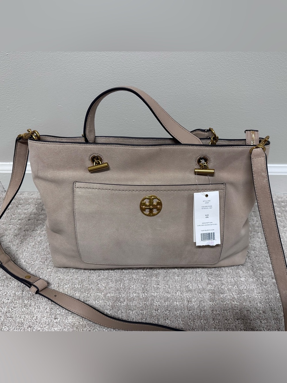 Tory Burch Chelsea Suede Satchel tote in Stucco with Gold-Tone hardware